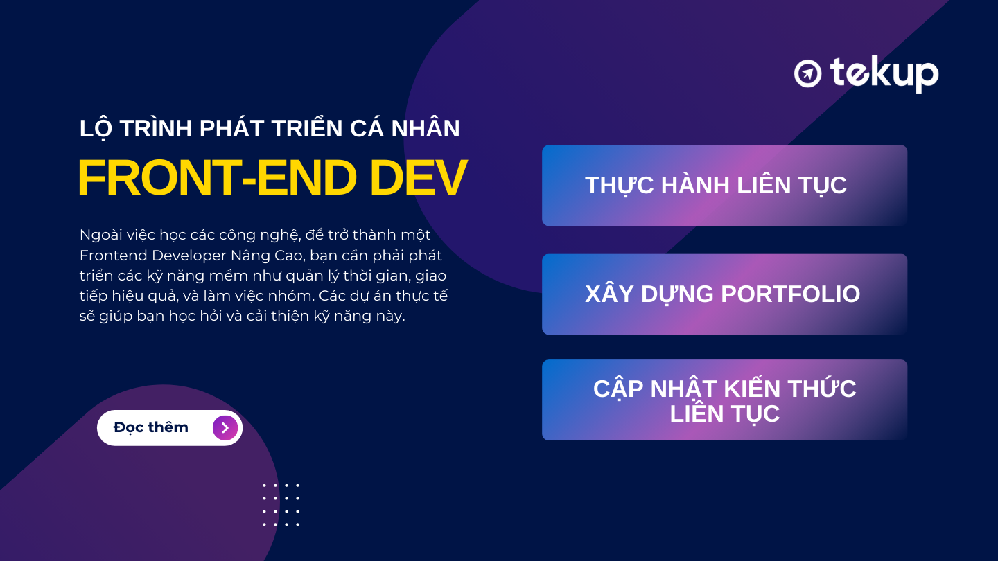 Ngoài việc học các công nghệ, lập trình viên front-end cần phải phát triển các kỹ năng mềm như quản lý thời gian, giao tiếp hiệu quả, và làm việc nhóm.